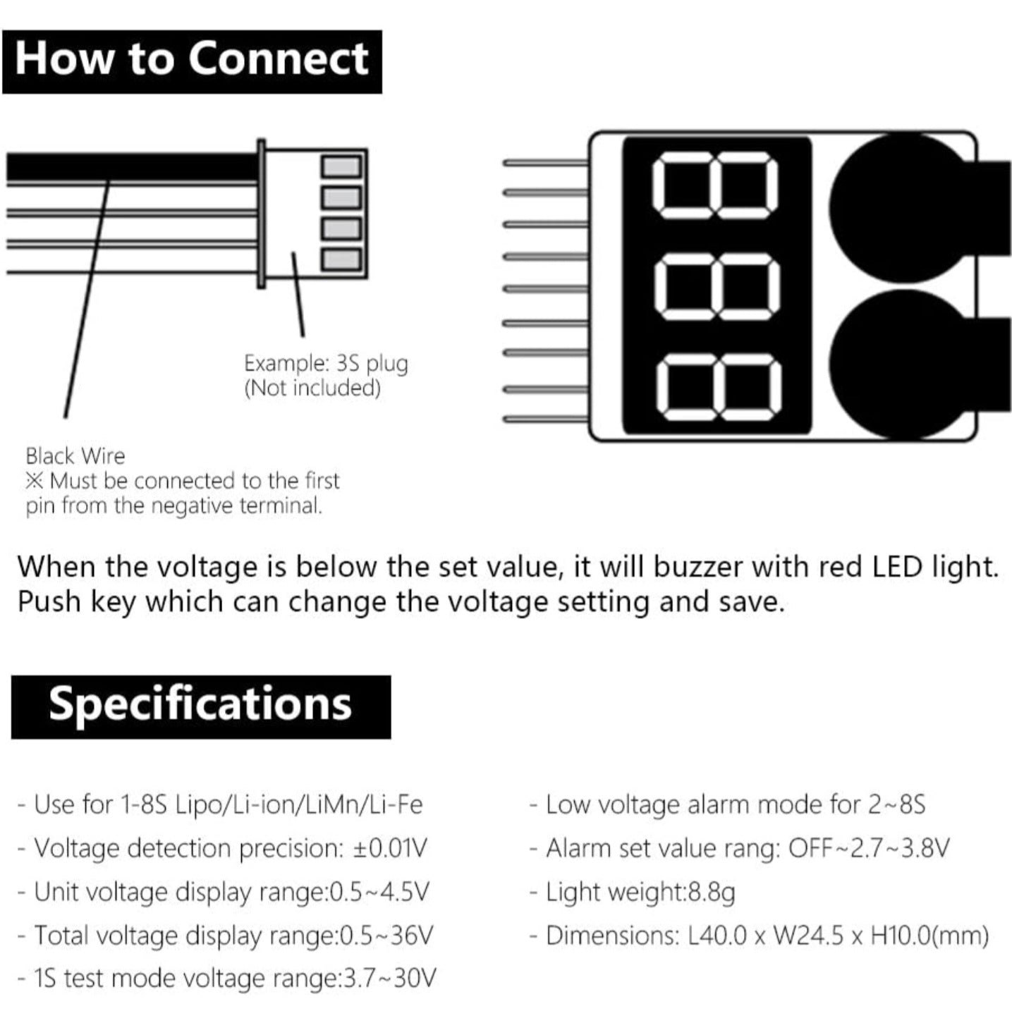 1S-8S LiPo Battery Voltage Checker w/ Low Batt. Alarm