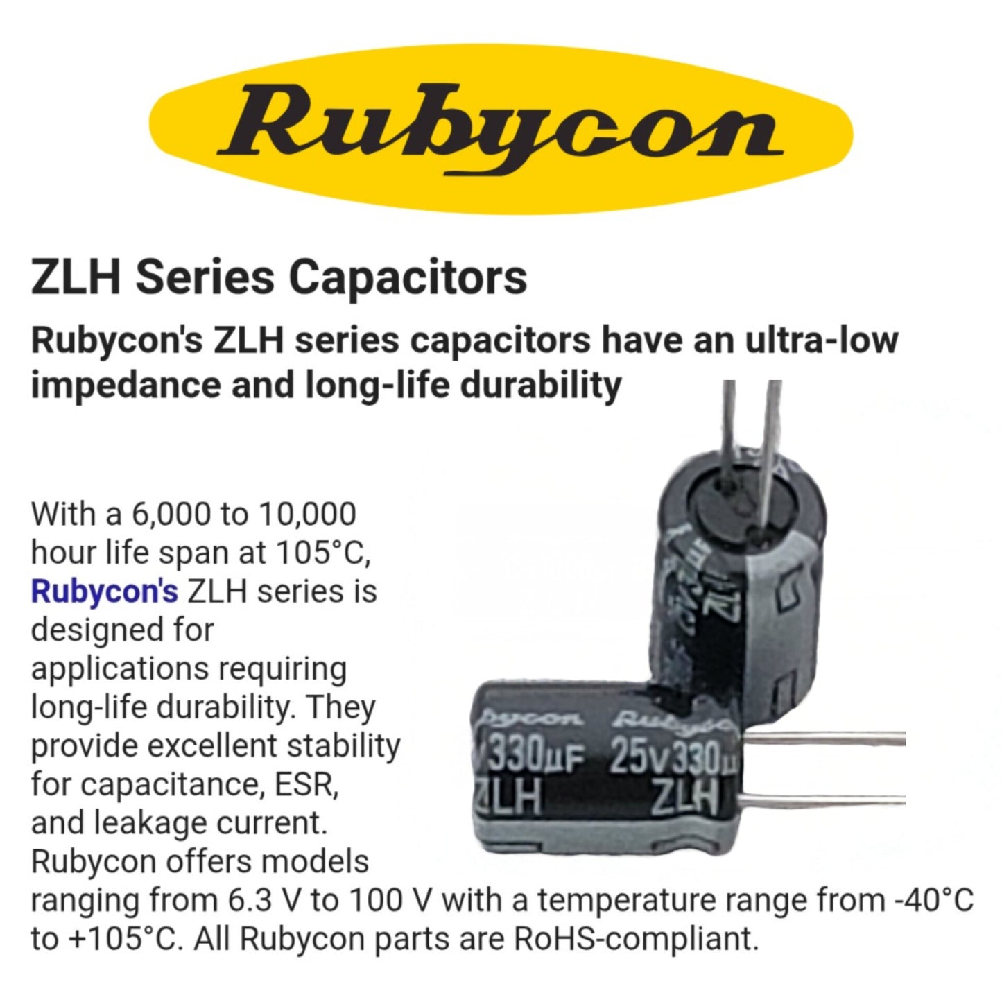 Rubycon ZLH Series 25v 330uF Capacitor (8×11.5mm, Low ESR)