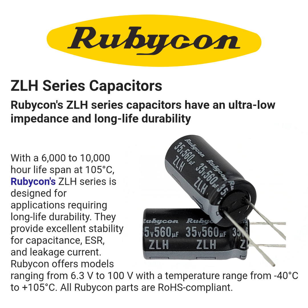 Rubycon Capacitor Polyester Rubycon ZLH Series 35v 560uF Capacitor (10×20mm, Low ESR) – TurtleModeFPV