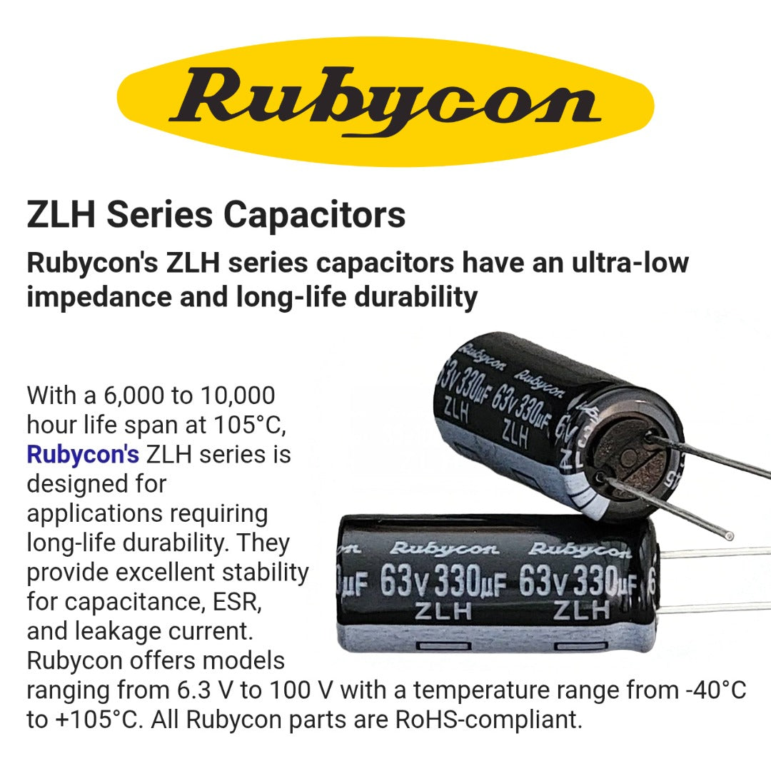 (12S) Rubycon ZLH Series 63v 330uF Capacitor (10×23mm, Low ESR)