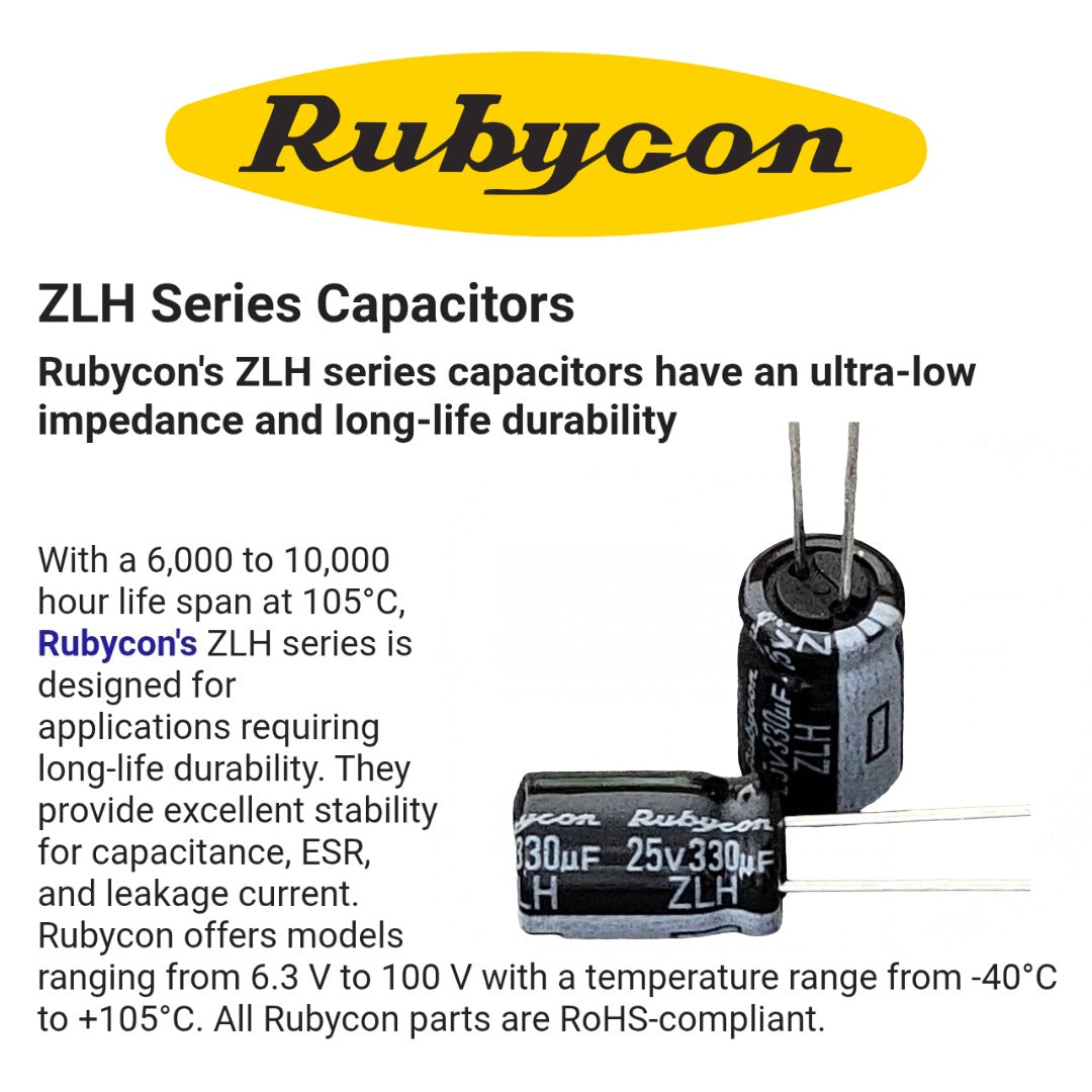 Uniform Rubycon Rubycon ZLH Series 25v 330uF Capacitor (8×11.5mm, Low ESR) – TurtleModeFPV